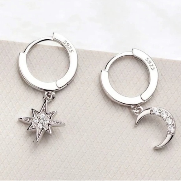 NEW 925 STERLING SILVER DIAMOND MOON STAR HOOPS - Picture 3 of 4